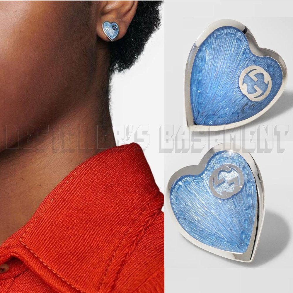 GUCCI Sterling Silver INTERLOCKING G light Blue Enamel HEART stud post Earrings